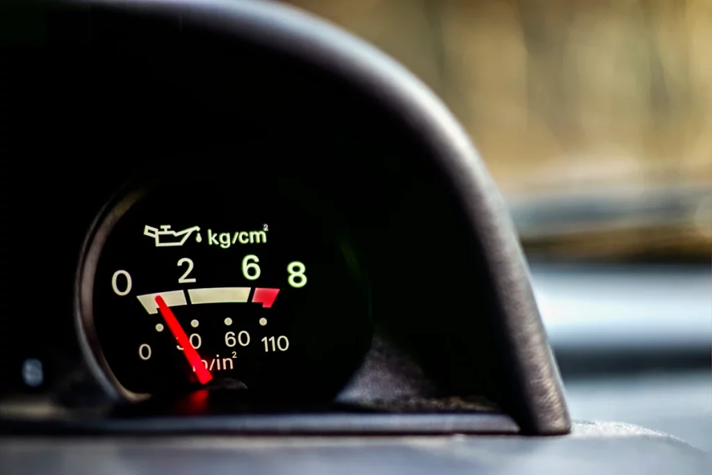 Motor oil pressure gauge on dashboard