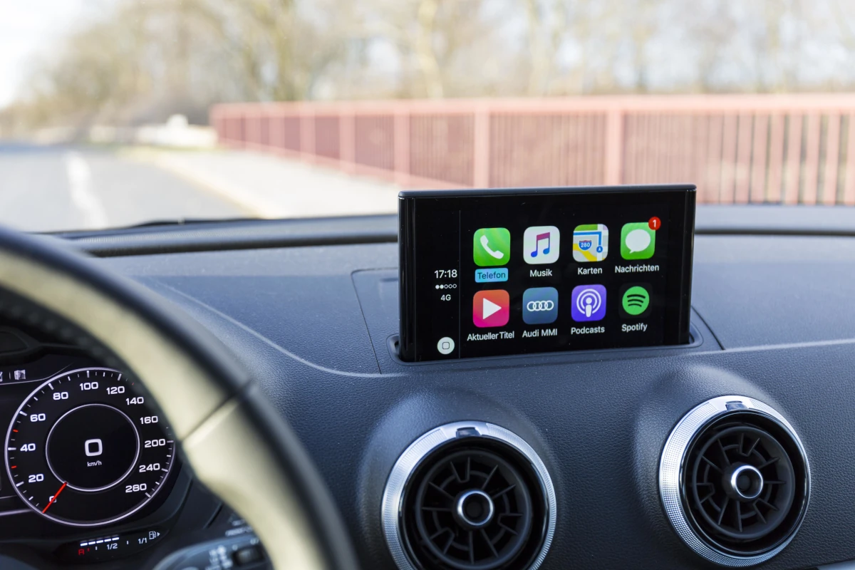 Audi MMI car entertainment system with Apple CarPlay and custom apps installed