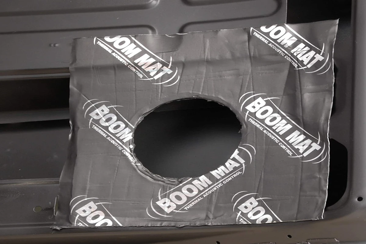 Car door speaker baffles Boom Matt (thermal acoustic control) cutout