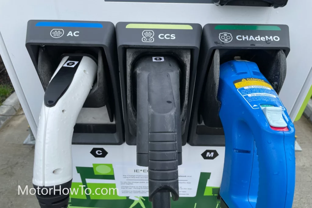 Electric car charging station with amperage and sockets (AC/CCS/CHAdeMO)