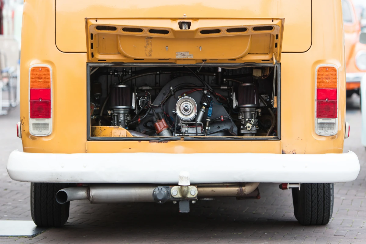 Vintage camper van engine at the rear