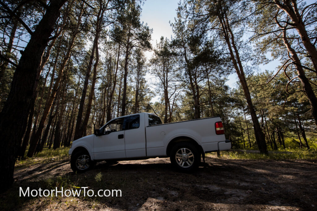 White pickup truck parked in woods