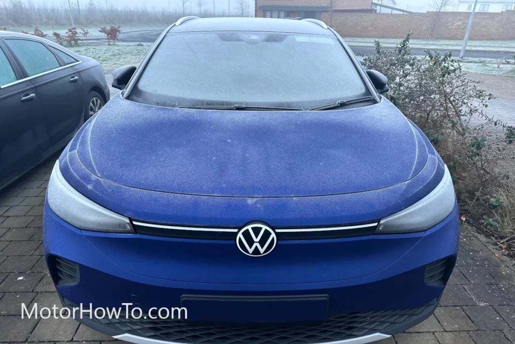 VW ID.4 Blue Metallic Winter Frost Freezing Conditions Front